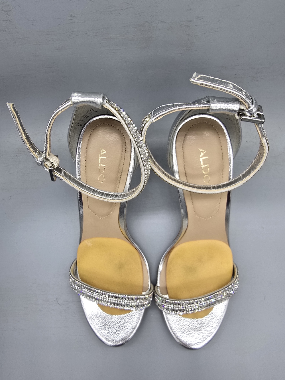 Aldo Silver Rhinestone Ankle-Strap Heels with Yellow Insole - Picture 2 of 3